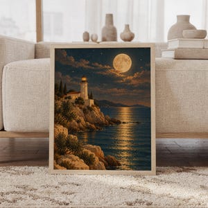 Moonlit lighthouse wall art print featuring deep navy blue skies, glowing golden moonlight, a rustic lighthouse, rocky Mediterranean shoreline, and a painterly vintage-inspired style, framed and leaning against a beige sofa on a textured rug in a bright Scandinavian living room.