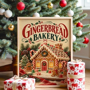 Gingerbread bakery christmas wall art print featuring warm cream, red, and forest green tones, a charming gingerbread house, candy canes, holly, peppermint sweets, and nostalgic vintage typography, framed and leaning against a beige sofa on a textured rug in a bright Scandinavian living room.