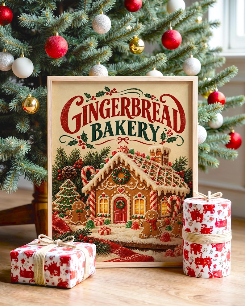 Gingerbread bakery christmas wall art print featuring warm cream, red, and forest green tones, a charming gingerbread house, candy canes, holly, peppermint sweets, and nostalgic vintage typography, framed and leaning against a beige sofa on a textured rug in a bright Scandinavian living room.