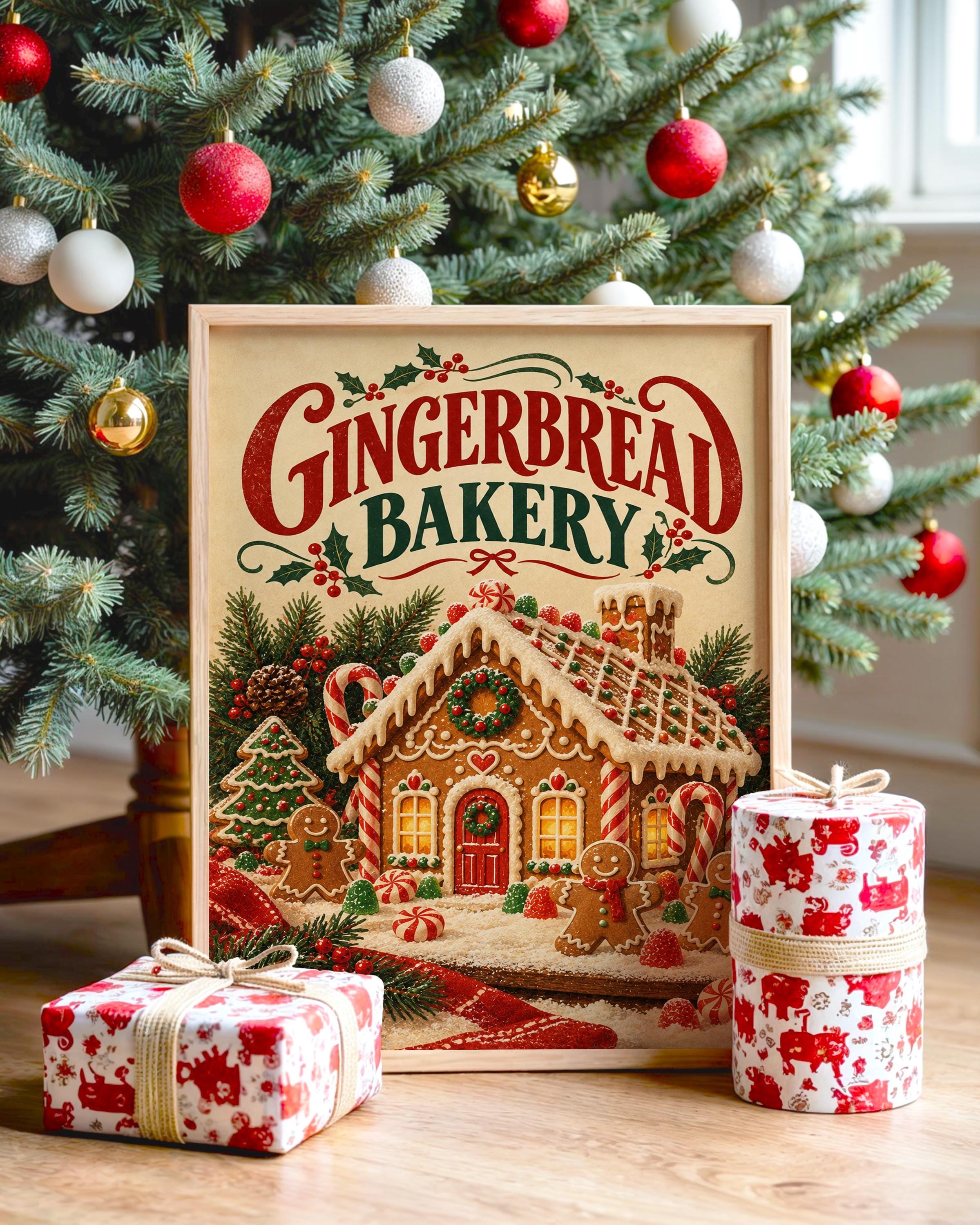 Gingerbread bakery christmas wall art print featuring warm cream, red, and forest green tones, a charming gingerbread house, candy canes, holly, peppermint sweets, and nostalgic vintage typography, framed and leaning against a beige sofa on a textured rug in a bright Scandinavian living room.