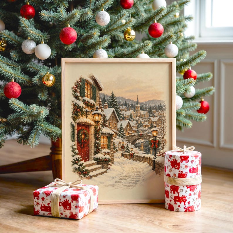 Christmas Village Wall Art, Vintage Winter Town Poster, Snowy Cottage Holiday Art Print, Cozy Rustic Decor image 2