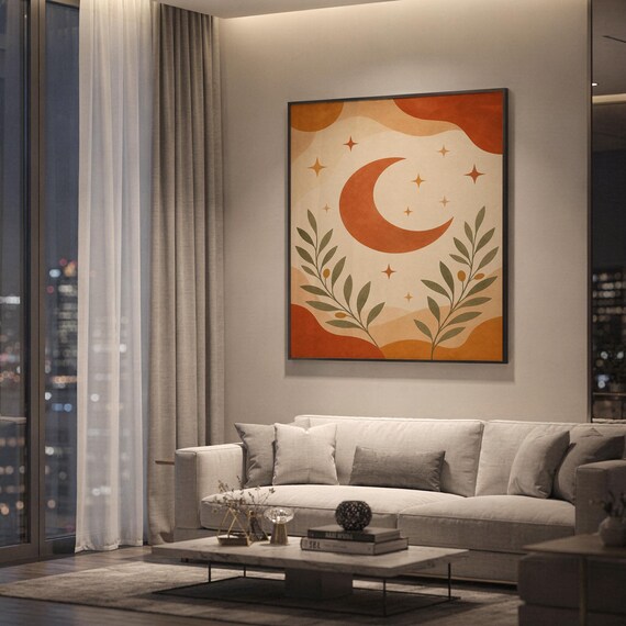 Terracotta crescent moon and olive branch print showing a terracotta crescent moon with golden stars and olive branches over abstract cream, ochre and rust shapes, hanging above a light gray sofa in a modern living room with evening city views through tall windows.