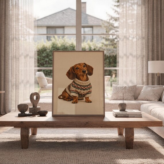 Dachshund sweater wall art print leaning on the floor beside a cream armchair next to large garden windows.