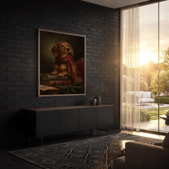 Dachshund wall art print standing on a wooden desk in a home office in warm evening light.