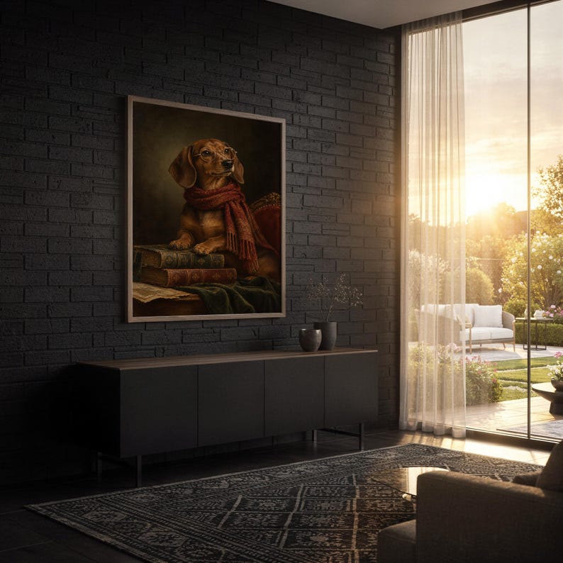 Dachshund wall art print standing on a wooden desk in a home office in warm evening light.