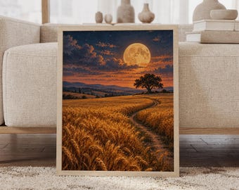 Puede incluir: Una impresión artística enmarcada que representa un campo de trigo dorado bajo una gran luna llena luminosa. Un camino de tierra serpenteante atraviesa los cultivos hacia un árbol solitario en el horizonte, bajo un cielo crepuscular con nubes naranjas y azules.