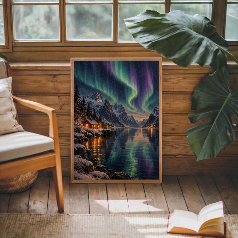 Aurora borealis mountain landscape wall art print leaning against warm wood paneling beside a wooden armchair and a monstera plant.