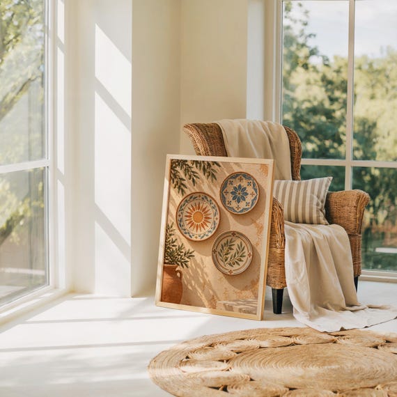 Mediterranean ceramic plate wall art print leaning on the floor beside a rattan armchair and jute rug in a bright sunlit room.