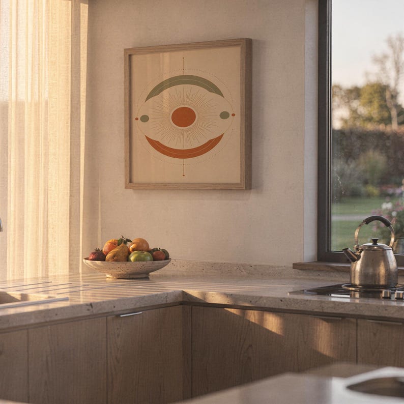 Abstract sun wall art print hanging above a stone countertop with a fruit bowl in a sunny kitchen.