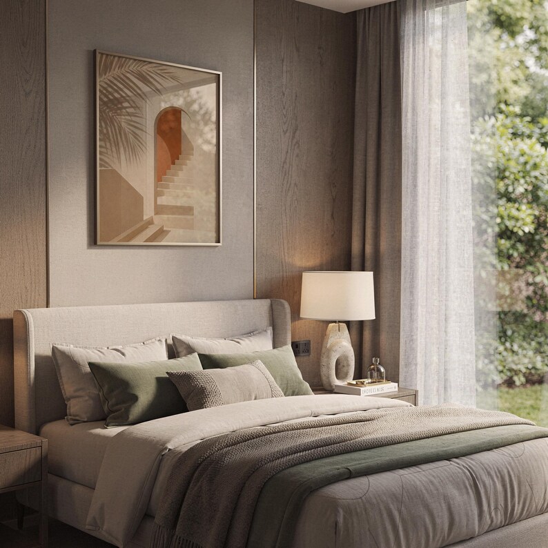 Minimalist boho architectural art print framed above bed in cozy bedroom
