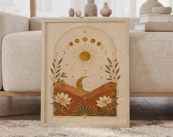 Könnte beinhalten: Ein gerahmter vertikaler Wandkunstdruck mit einer zentralen Illustration von Sonne und zunehmendem Mond. Das Design umfasst einen Mondphasenzyklus, botanische Elemente und Lotusblumen in Gold-, Terrakotta- und Cremetönen innerhalb eines Bogens.