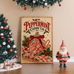 Peppermint Candy Wall Art, Vintage Christmas Kitchen Decor, Retro Holiday Art Print, Red Green Poster image 4