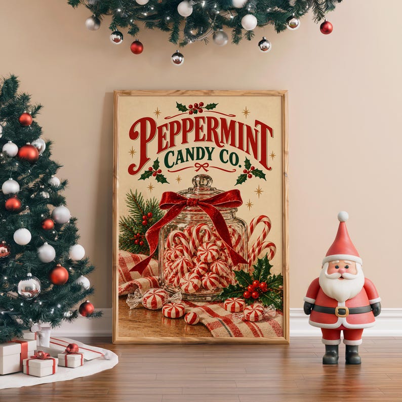 Peppermint Candy Wall Art, Vintage Christmas Kitchen Decor, Retro Holiday Art Print, Red Green Poster image 4