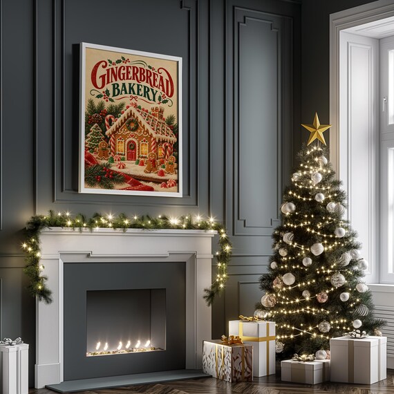 Gingerbread bakery christmas wall art print framed and displayed in a modern home interior.