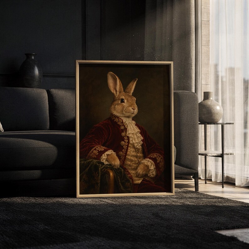 Regal rabbit portrait wall art print leaning against a white sofa in a bright living room with sheer curtains.