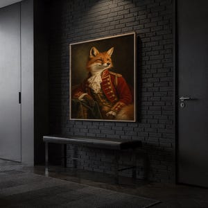 Fox portrait wall art print hanging above a dark wood console and jute rug in a warm neutral interior.