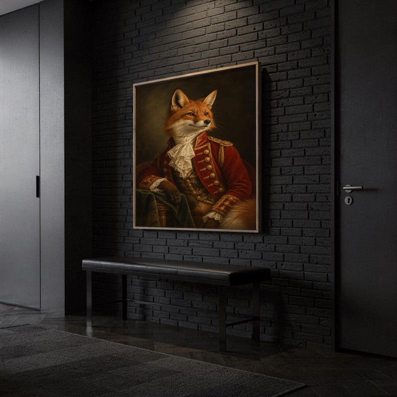 Fox portrait wall art print hanging above a dark wood console and jute rug in a warm neutral interior.
