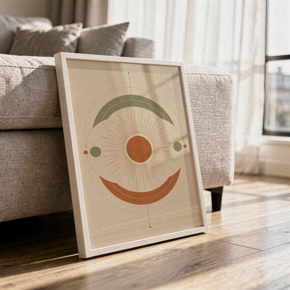 Abstract sun wall art print in a white frame leaning against a gray sofa on a sunlit wooden floor.