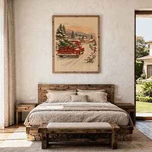 Vintage Red Truck Christmas Wall Art, Snowy Farmhouse Winter Poster, Holiday Tree Art Print zdjęcie 15
