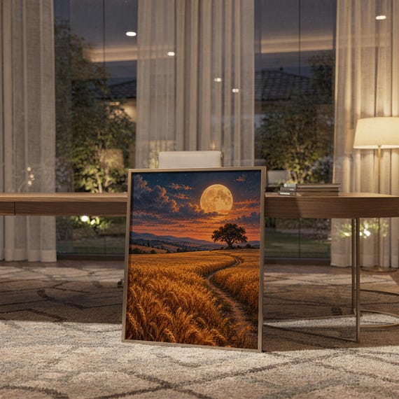 Moon wall art print standing on a wooden desk in a home office in warm evening light.