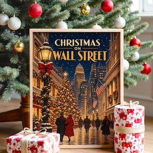 Christmas on Wall Street Vintage Wall Art, New York City Holiday Poster, Retro Winter Art Print image 1