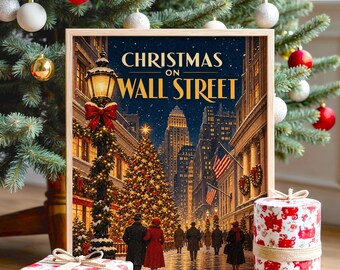Christmas on Wall Street Vintage Wall Art, New York City Holiday Poster, Retro Winter Art Print