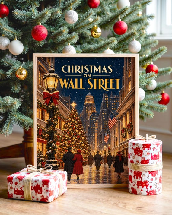 Christmas on Wall Street Vintage Wall Art, New York City Holiday Poster, Retro Winter Art Print