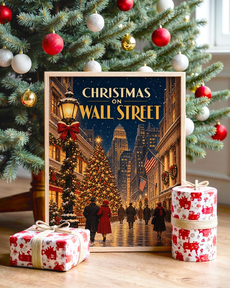 Christmas on Wall Street Vintage Wall Art, New York City Holiday Poster, Retro Winter Art Print image 1