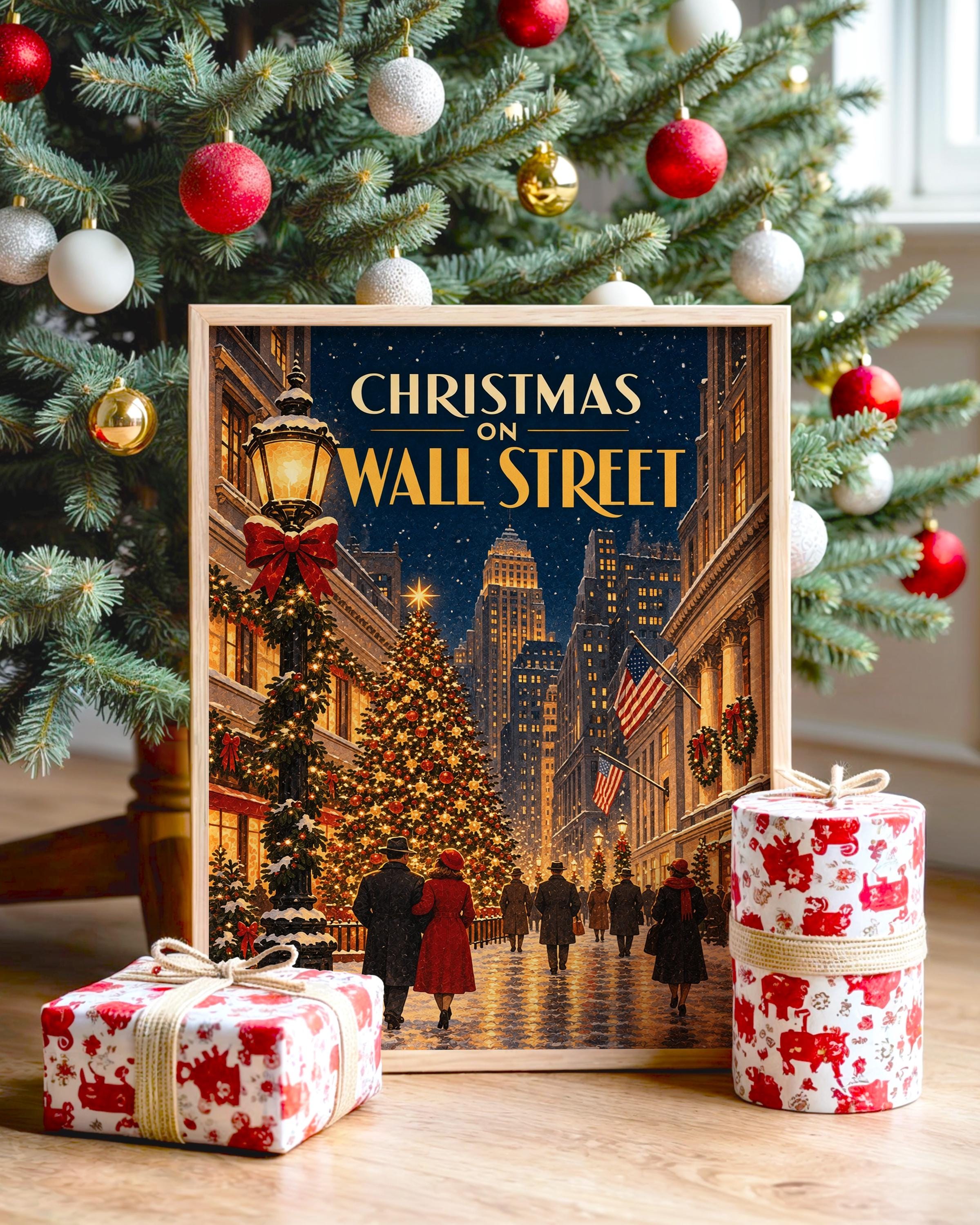 Christmas on Wall Street Vintage Wall Art, New York City Holiday Poster, Retro Winter Art Print
