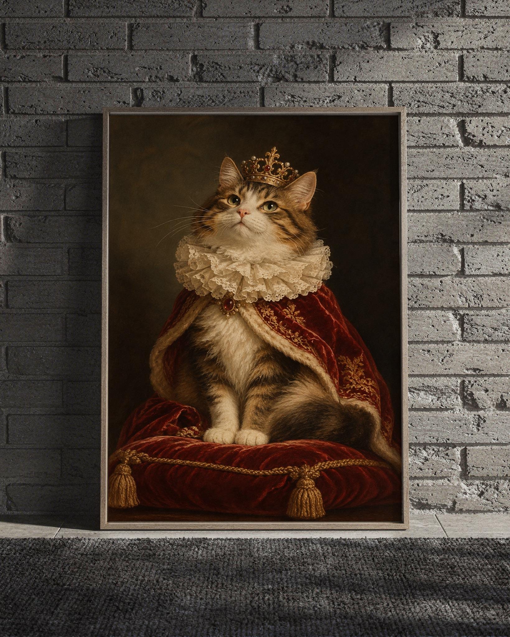 Royal cat portrait wall art print featuring a tabby cat in a jeweled gold crown, ivory lace ruff, and richly embroidered burgundy velvet robe, framed and leaning against a beige sofa on a textured rug in a bright Scandinavian living room.