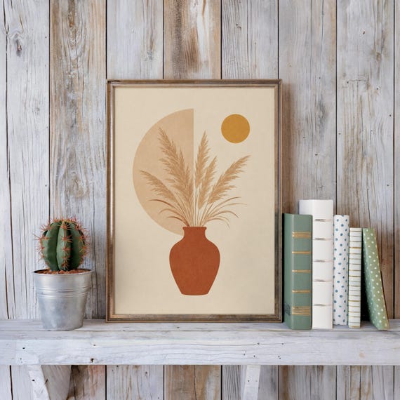 Terracotta vase poster on rustic shelf with books and cactus