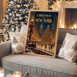 Christmas in New York Wall Art, Vintage NYC Holiday Cityscape Poster, Rockefeller Tree Ice Skating Art Print Bild 3