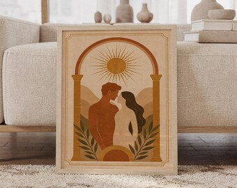 Pode incluir: Uma impressão de arte de parede emoldurada com uma ilustração estilizada de duas figuras frente a frente sob um sol e um arco. A paleta de cores inclui tons de terracota, bege e verde suave, incorporando elementos de folhas botânicas.