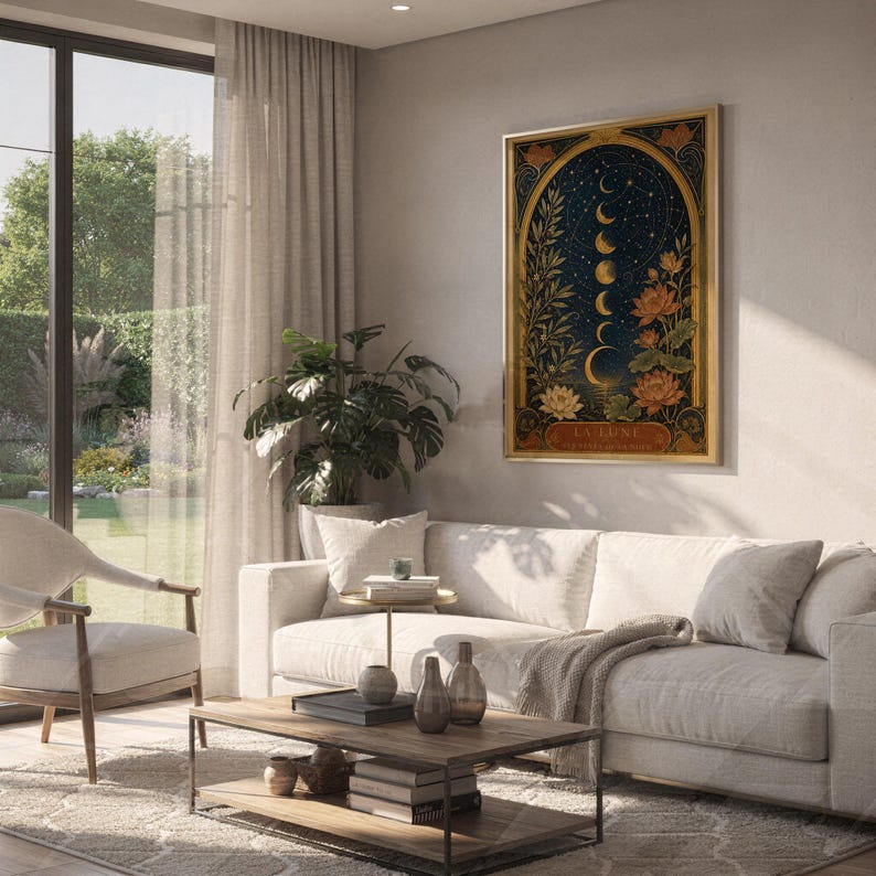 Moon phase wall art print hanging above a white sofa in a living room with garden views.