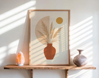 Pampasgras Wandbild, Terrakottavase Poster, Boho Pflanzenbild, Mid-Century Deko