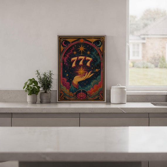 777 angel number wall art print hanging in a high-rise apartment living room with a city skyline view.