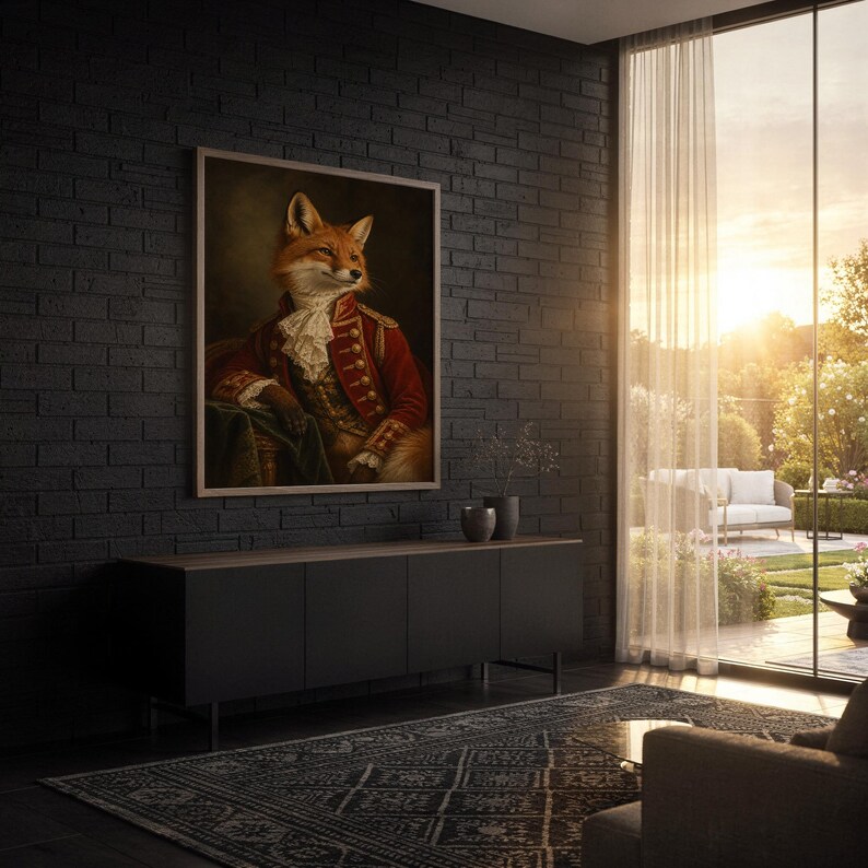 Fox portrait wall art print standing on a wooden desk in a home office in warm evening light.