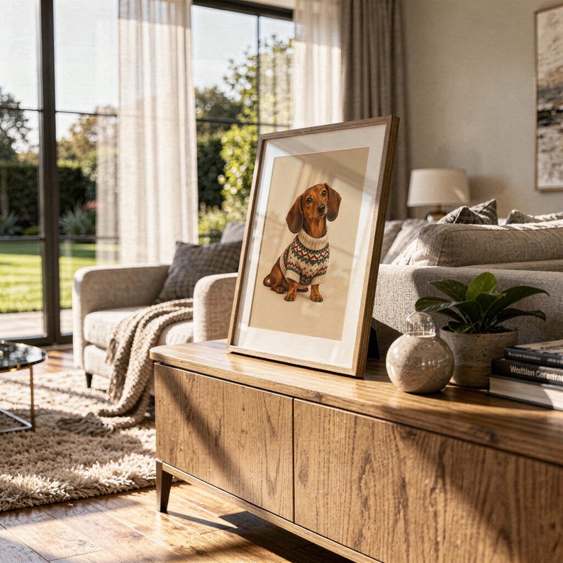 Dachshund sweater wall art print framed and displayed in a modern home interior.
