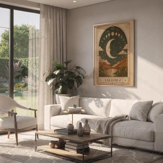 Aesthetic boho crescent moon tarot poster hanging on wall above sofa in bright living room.