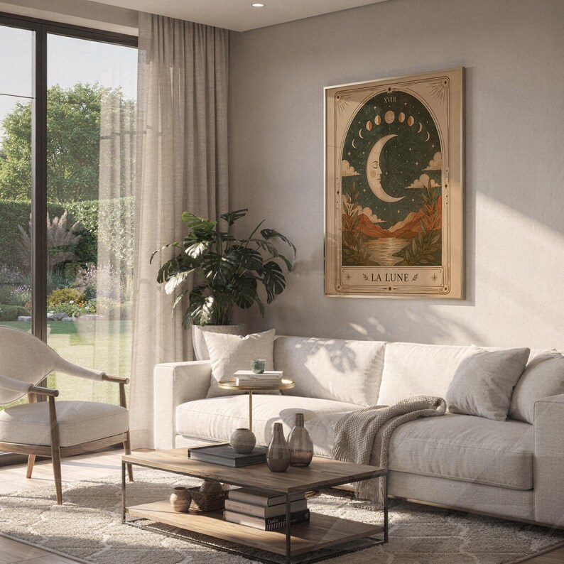 Aesthetic boho crescent moon tarot poster hanging on wall above sofa in bright living room.