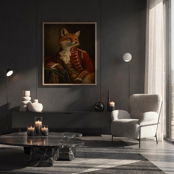 Fox portrait wall art print hanging above a white sofa in a living room with garden views.