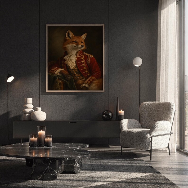 Fox portrait wall art print hanging above a white sofa in a living room with garden views.