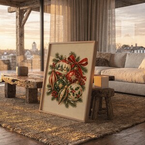 Vintage Christmas Ornaments Wall Art, Rustic Holiday Decor Poster, Red Green Botanical Art Print zdjęcie 11