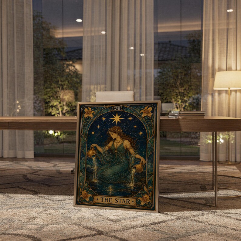 The star tarot card wall art print standing on a wooden desk in a home office in warm evening light.