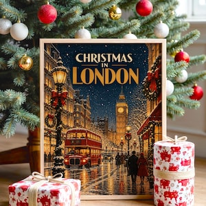 Decorazione murale "Natale a Londra", poster di viaggio vintage, stampa del Big Ben e del bus rosso. immagine 1