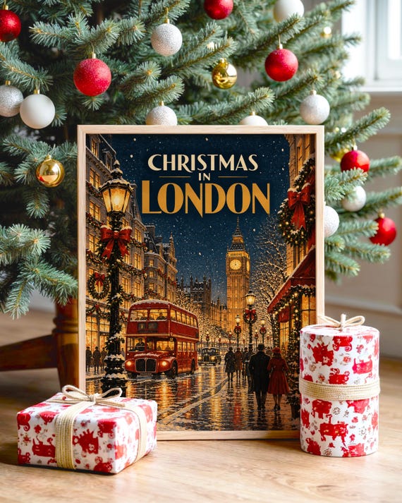 Christmas in London Wall Art, Vintage Winter Travel Poster, Big Ben Red Bus Art Print
