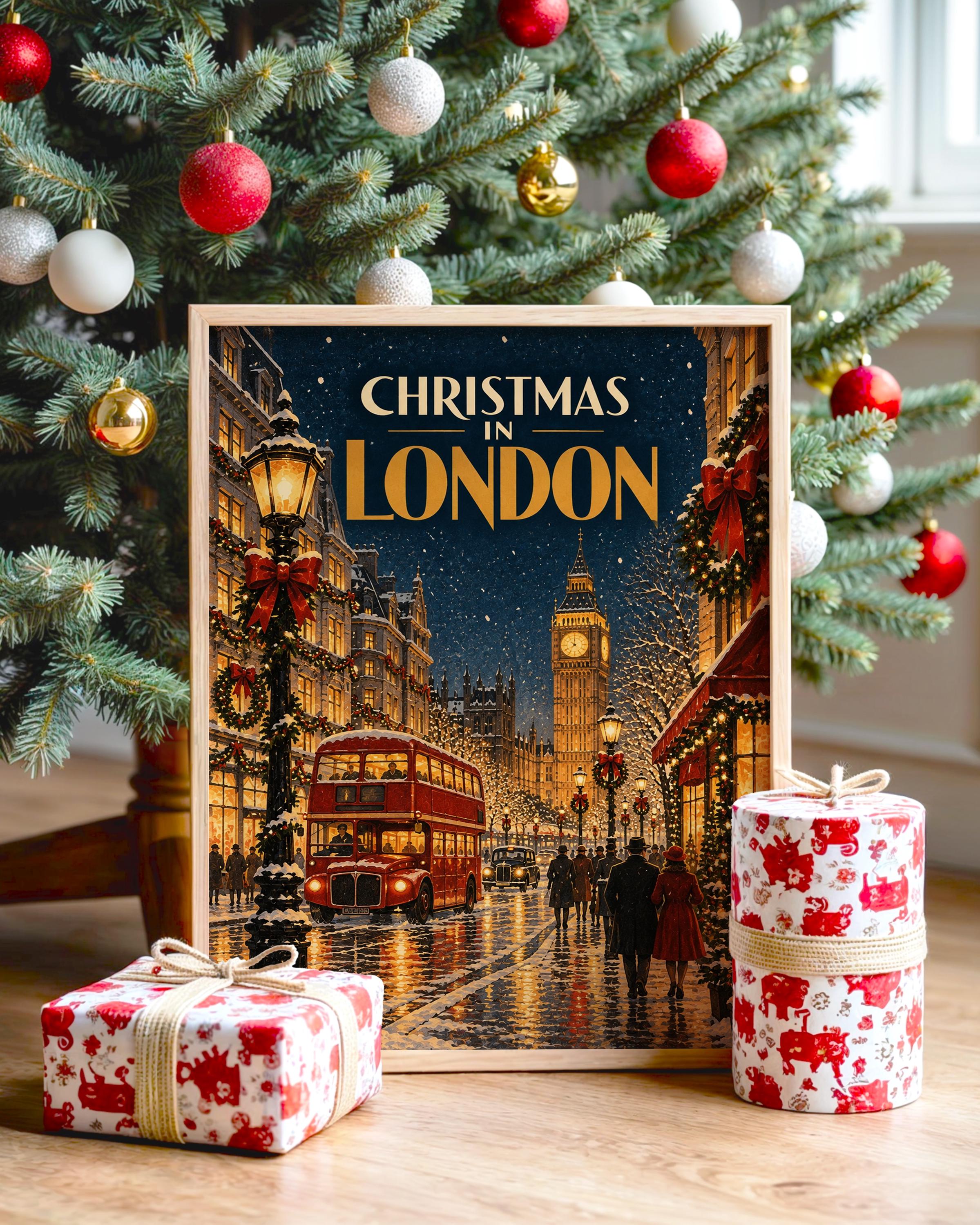 Christmas in London Wall Art, Vintage Winter Travel Poster, Big Ben Red Bus Art Print