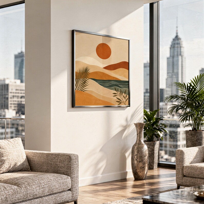 Small framed terracotta desert sunset print leaning against sofa armrest in cozy living room decor.