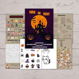 May include: A collection of Halloween-themed printables, including a "Trick or Treat" invitation with a haunted house design, mazes, word searches, and various Halloween-related illustrations and games. The color palette includes orange, purple, and black.