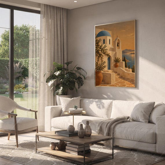 Santorini church wall art print hanging above a white sofa in a living room with garden views.